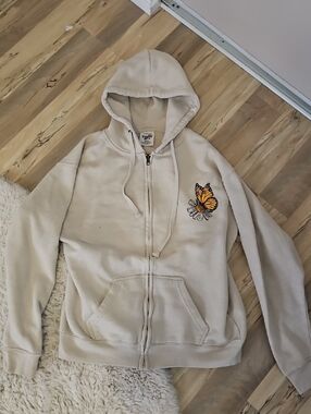 Cream Zip-Up Hoodie with Orange Butterfly Patch